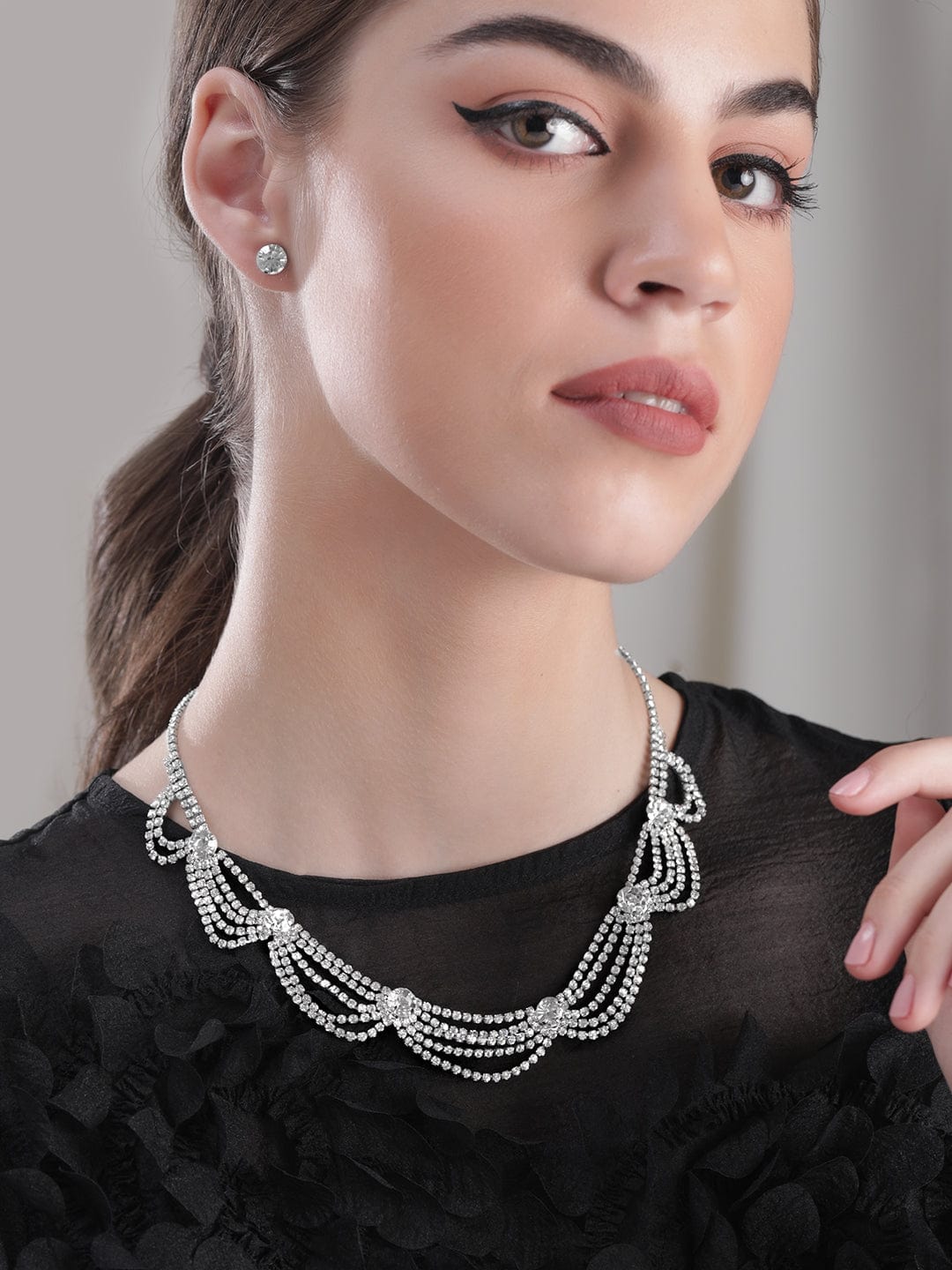 Rubans Rhodium Plated White Zirconia Studded Layered Necklace Set Necklace & Earring Combo