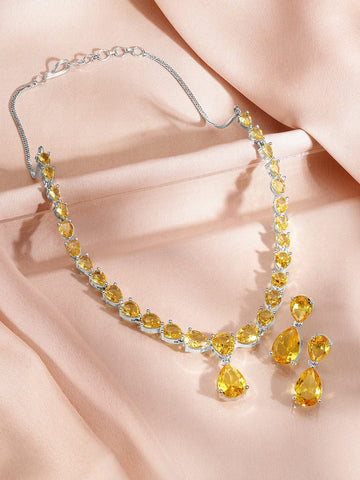 Rubans Rhodium-Plated Yellow Sapphire AD & Cubic Zirconia Studded Necklace Set Jewellery Set