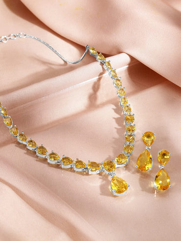 Rubans Rhodium-Plated Yellow Sapphire AD & Cubic Zirconia Studded Necklace Set Jewellery Set