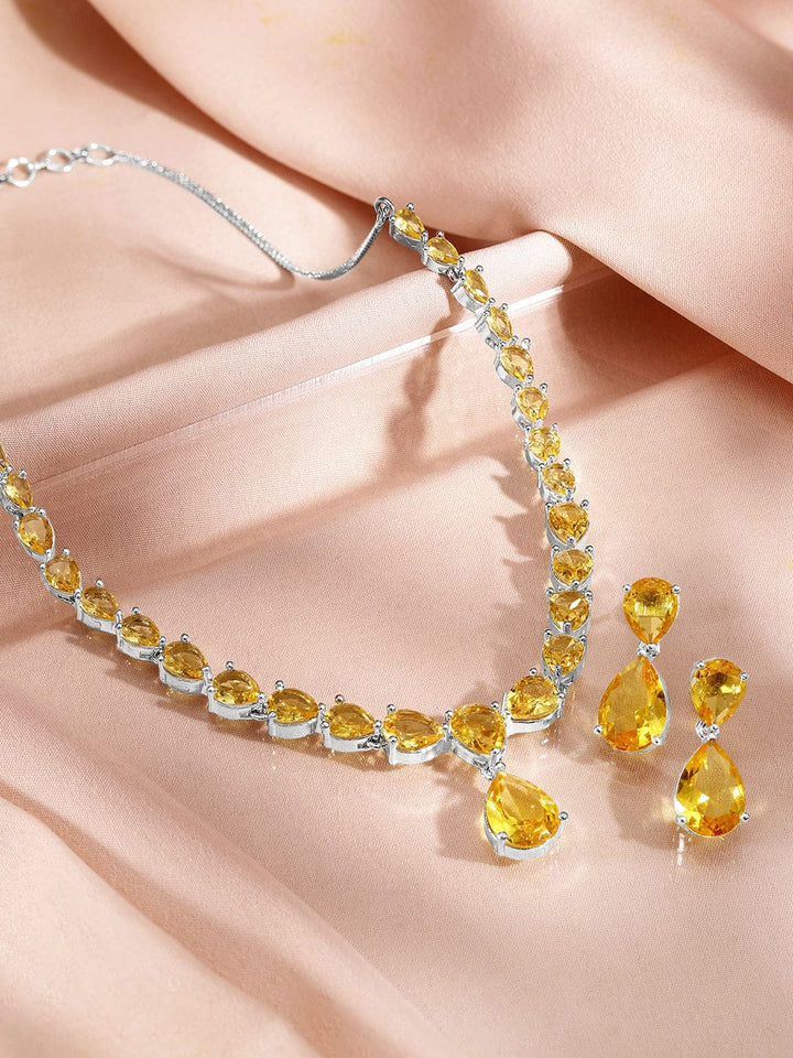 Rubans Rhodium-Plated Yellow Sapphire AD & Cubic Zirconia Studded Necklace Set Jewellery Set
