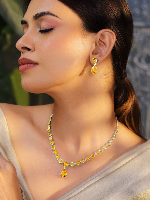 Rubans Rhodium-Plated Yellow Sapphire AD & Cubic Zirconia Studded Necklace Set Necklace Set