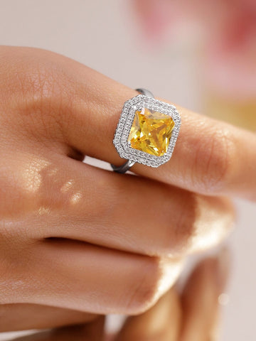 Rubans Rhodium-Plated Yellow Sapphire Adjustable Ring with Cubic Zirconia Detailing Rings