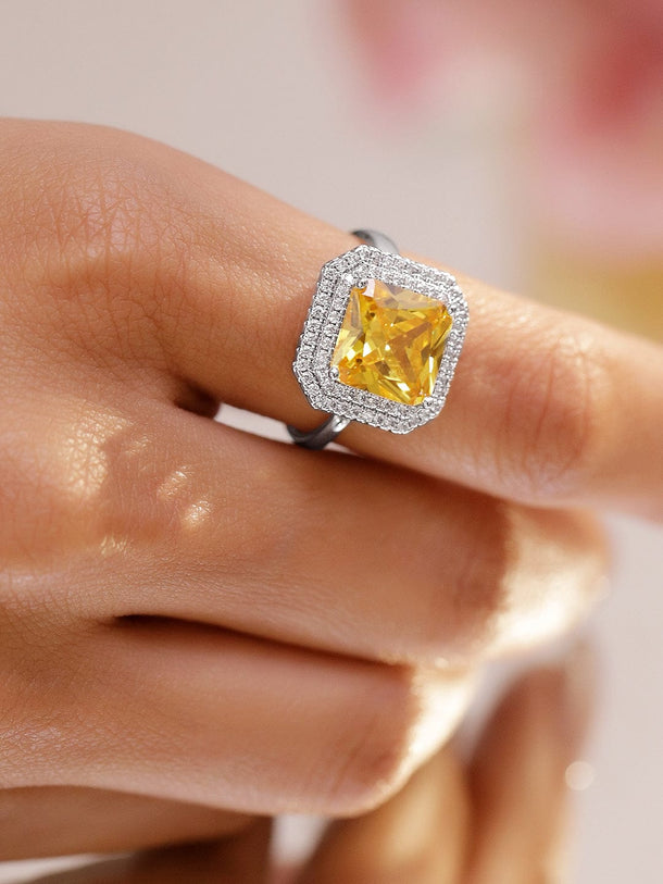 Rubans Rhodium-Plated Yellow Sapphire Adjustable Ring with Cubic Zirconia Detailing Rings