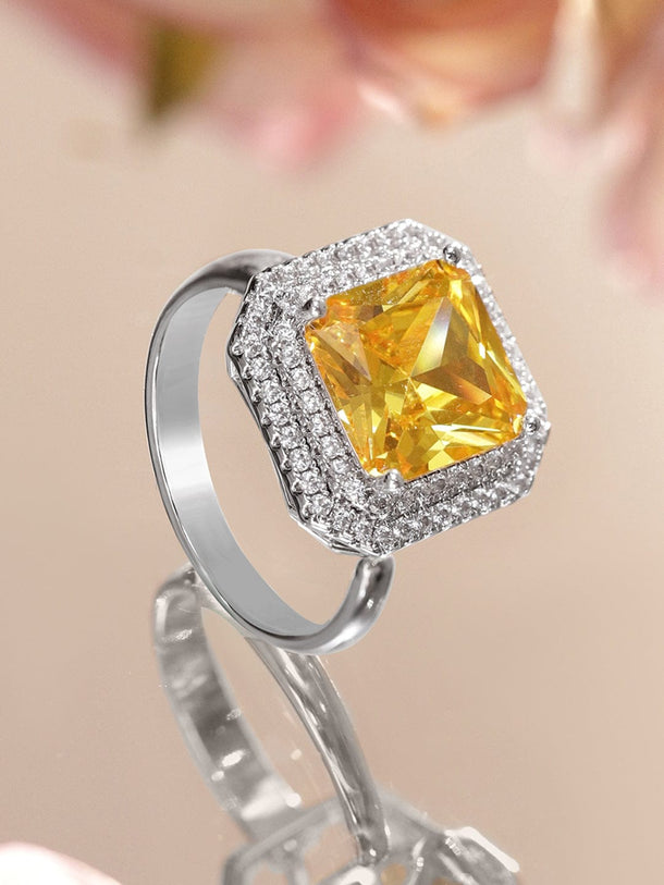 Rubans Rhodium-Plated Yellow Sapphire Adjustable Ring with Cubic Zirconia Detailing Rings