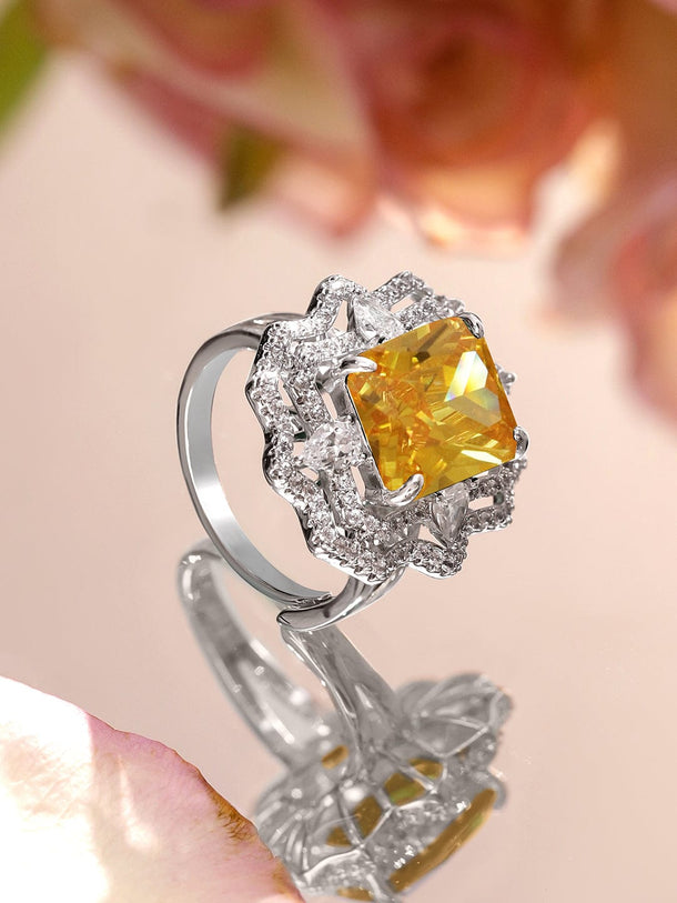 Rubans Rhodium-Plated Yellow Sapphire and Cubic Zirconia Detailing Adjustable Statement Ring Rings