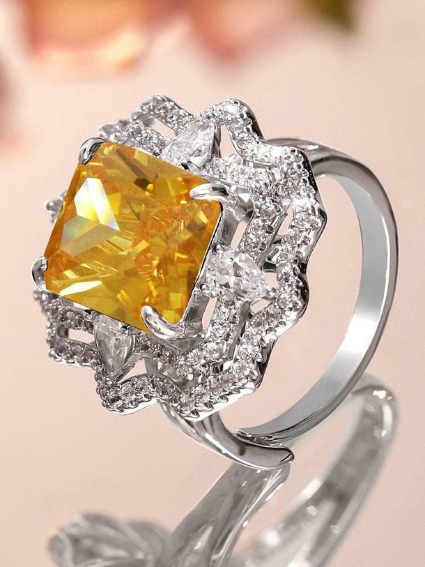 Rubans Rhodium-Plated Yellow Sapphire and Cubic Zirconia Detailing Adjustable Statement Ring Rings