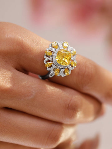 Rubans Rhodium-Plated Yellow Sapphire & Cubic Zirconia Floral Adjustable Statement Ring Rings