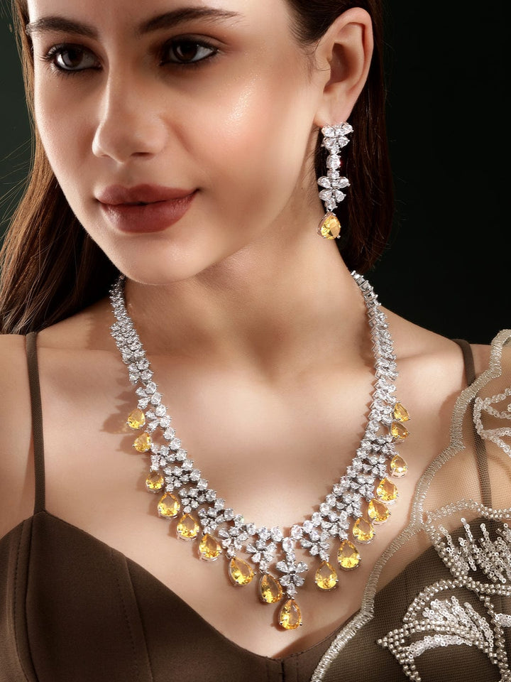 Rubans Rhodium plated Yellow sapphire Drop Dangler Statement Luxury Necklace Set Necklaces, Necklace Sets, Chains & Mangalsutra