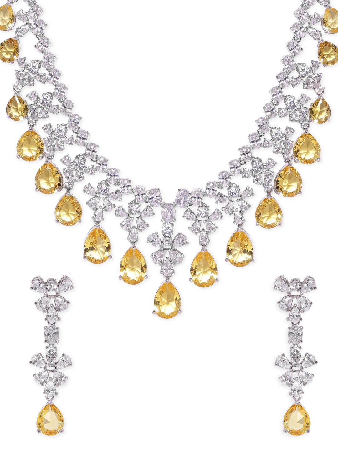 Rubans Rhodium plated Yellow sapphire Drop Dangler Statement Luxury Necklace Set Necklaces, Necklace Sets, Chains & Mangalsutra