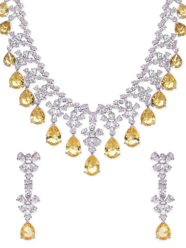 Rubans Rhodium plated Yellow sapphire Drop Dangler Statement Luxury Necklace Set Necklaces, Necklace Sets, Chains & Mangalsutra