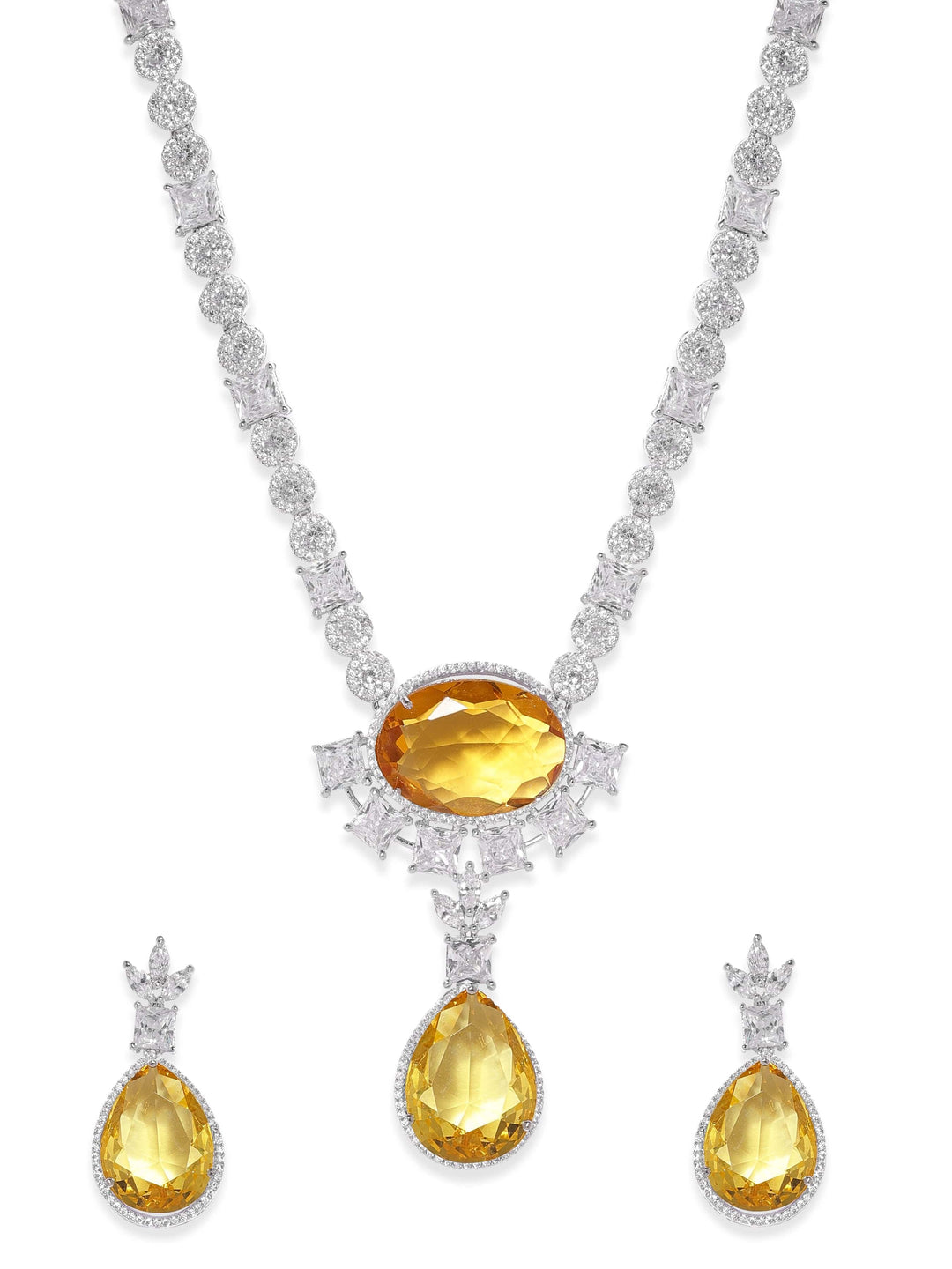 Rubans Rhodium-plated Yellow Sapphire Teardrop Pendant Zirconia Pendant Necklace Set Jewellery Sets