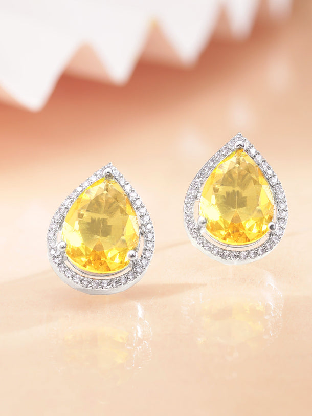 Rubans Rhodium plated Yellow Sapphire Zirconia studded teardrop Zirconia stud earring Earrings