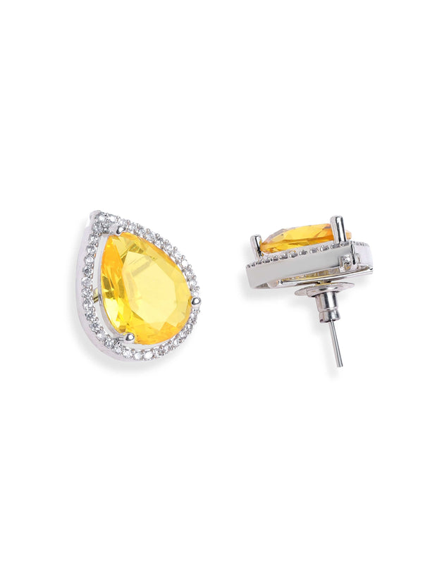 Rubans Rhodium plated Yellow Sapphire Zirconia studded teardrop Zirconia stud earring Earrings