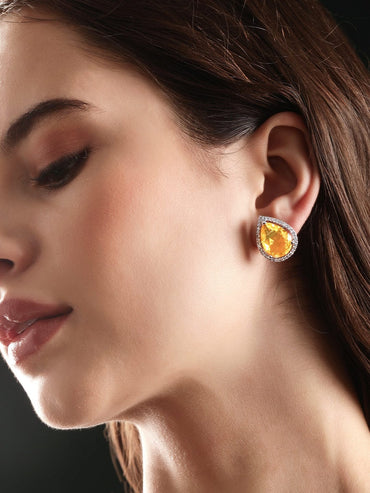 Rubans Rhodium plated Yellow Sapphire Zirconia studded teardrop Zirconia stud earring Earrings