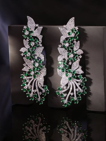 Rubans Rhodium Plated Zirconia and Emerald Studded Chandelier Earrings Earrings