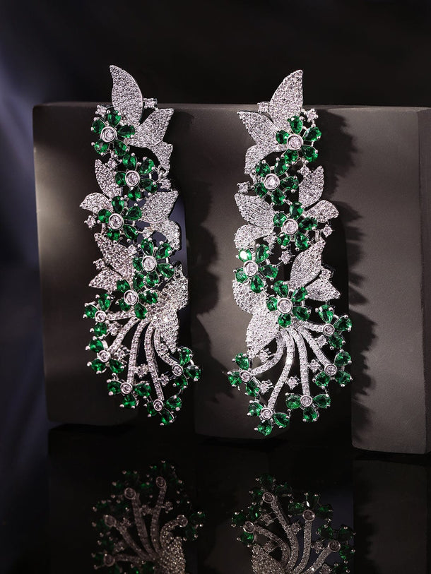 Rubans Rhodium Plated Zirconia and Emerald Studded Chandelier Earrings Earrings