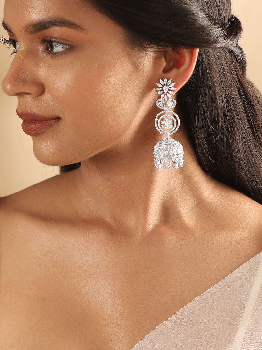 Rubans Rhodium Plated Zirconia Studded Jhumka Earrings Earrings