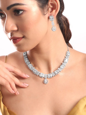 Rubans Rhodium Plated Zirconia Studded Party Wear Necklace Set Necklace Set