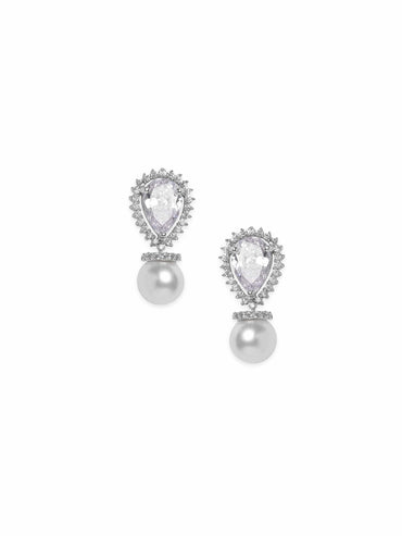 Rubans Rhodium plated zirconia studded pearl drop Chic Earring Earrings