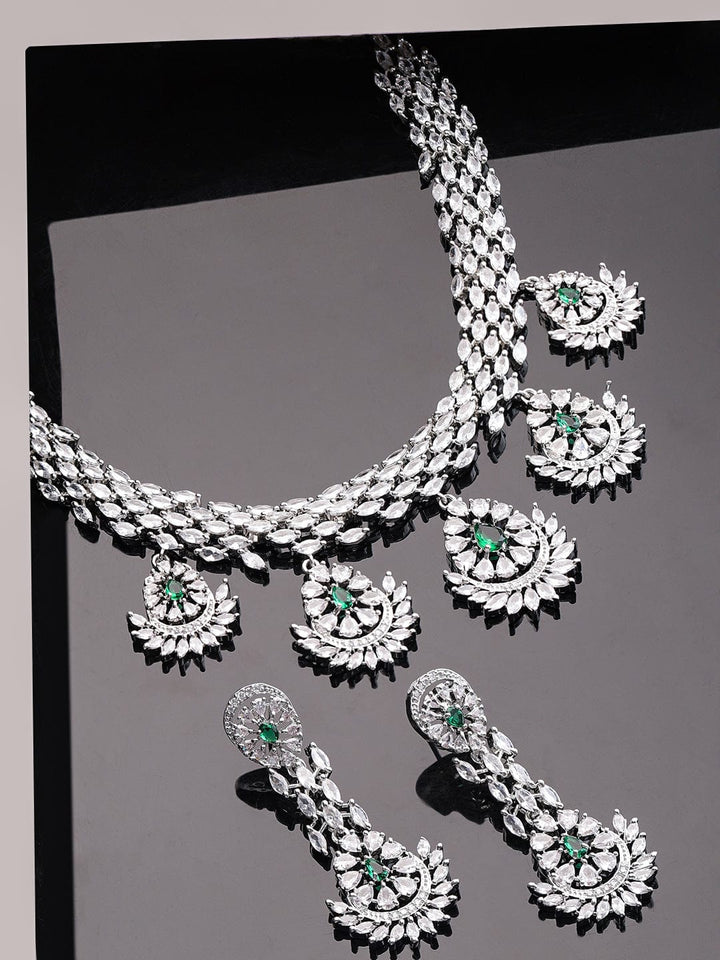 Rubans Rhodium plated Zirconia studded Statement Drop Detail Choker Necklace Set Jewellery Sets