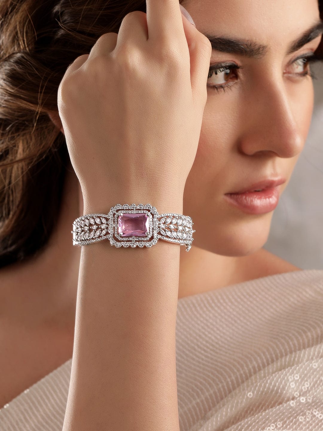 Rubans Rhodium plated zirconia studded Statement pink Contemprory Bracelet Bangles & Bracelets