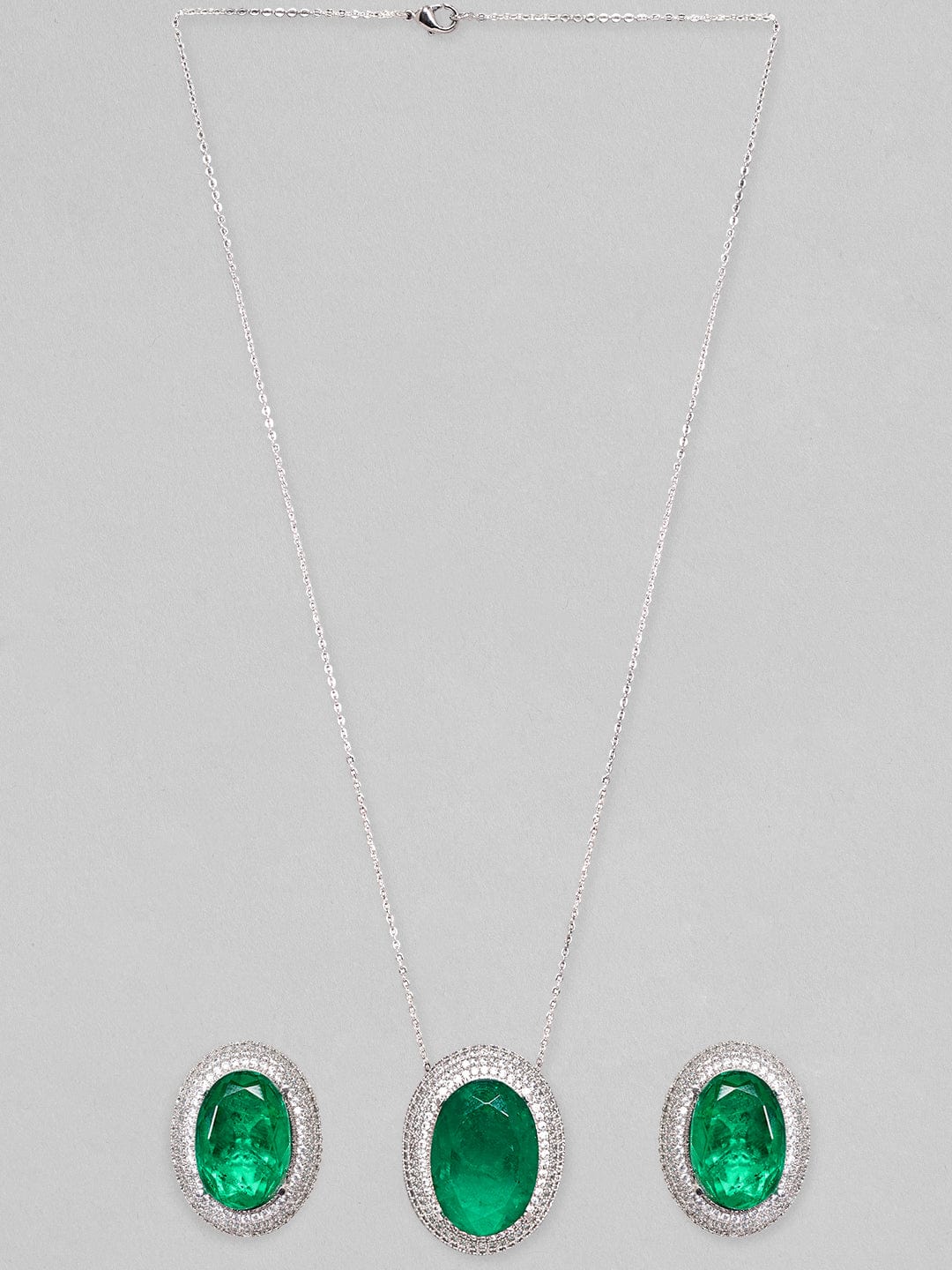 Rubans Rhodium Plated Zircons & Emerald Stone Studded Statement Pendant Set Necklace Set