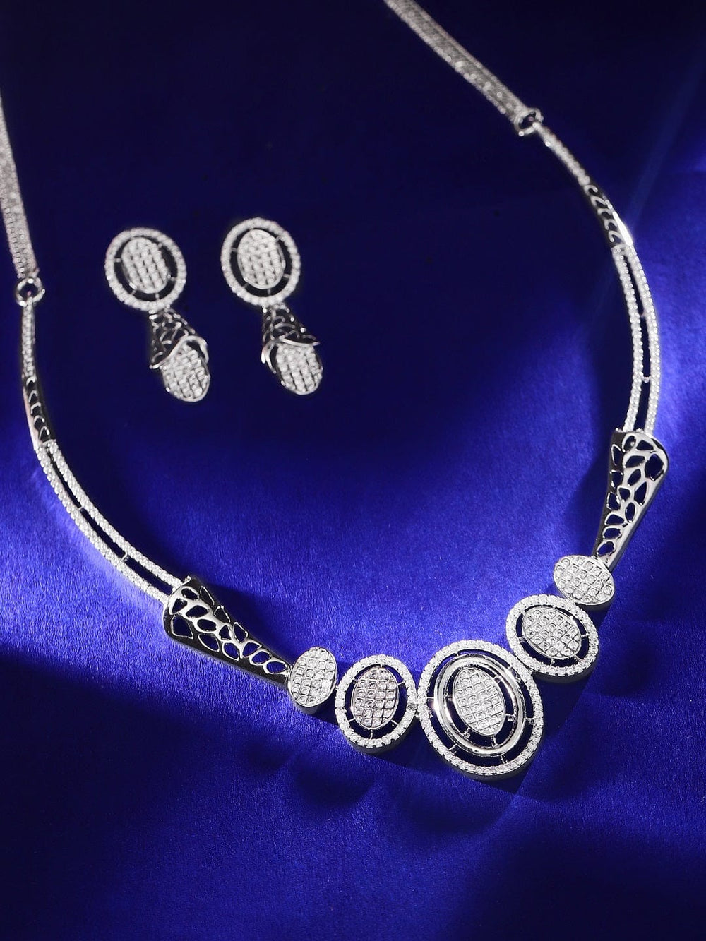 Rubans Rhodium Plated Zircons Pave Studded Party Wear Necklace Set. Necklaces, Necklace Sets, Chains & Mangalsutra