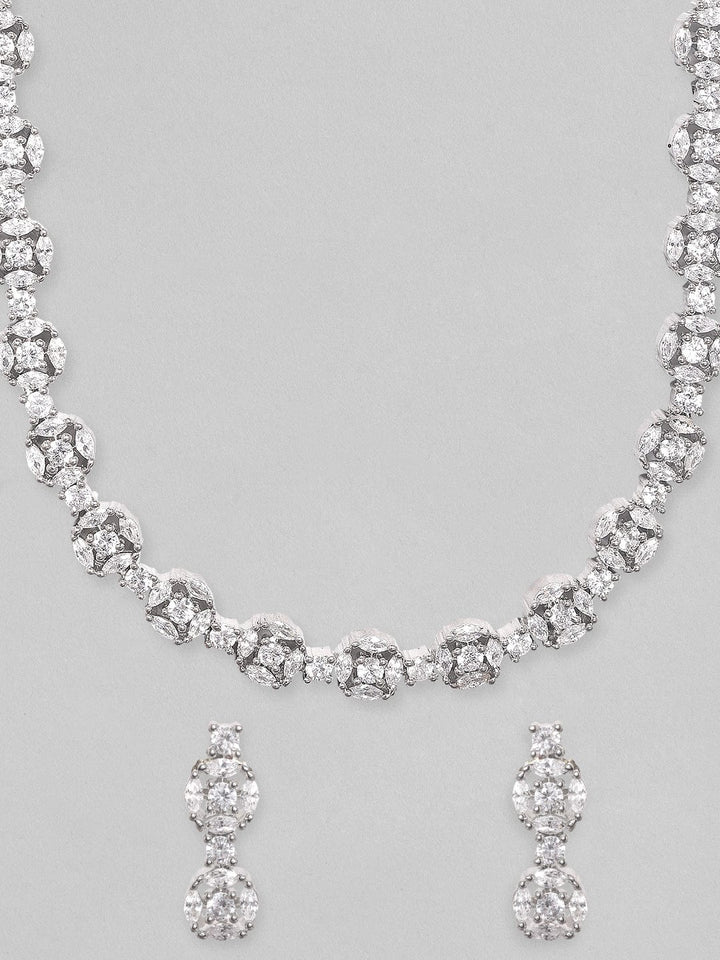 Rubans Rhodium Plated Zircons Studded Contemporary Party Wear Necklace Set. Necklace Set