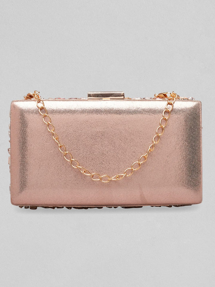 Rubans Rose Coloured Box Clutch With Brown Studded Stone Design. Handbag & Wallet Accessories