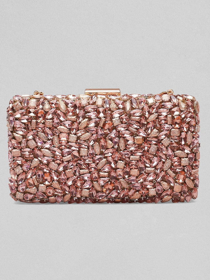 Rubans Rose Coloured Box Clutch With Brown Studded Stone Design. Handbag & Wallet Accessories