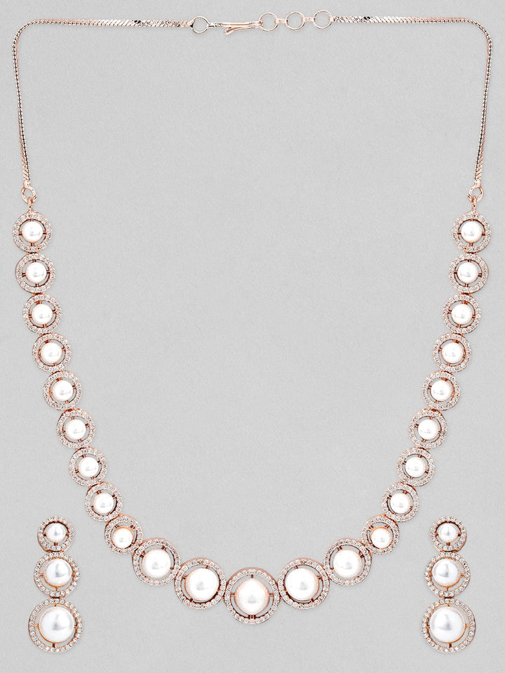 Rubans Rose Gold-Plated & AD Stone-Studded Pearl Jewellery Set Necklace Set
