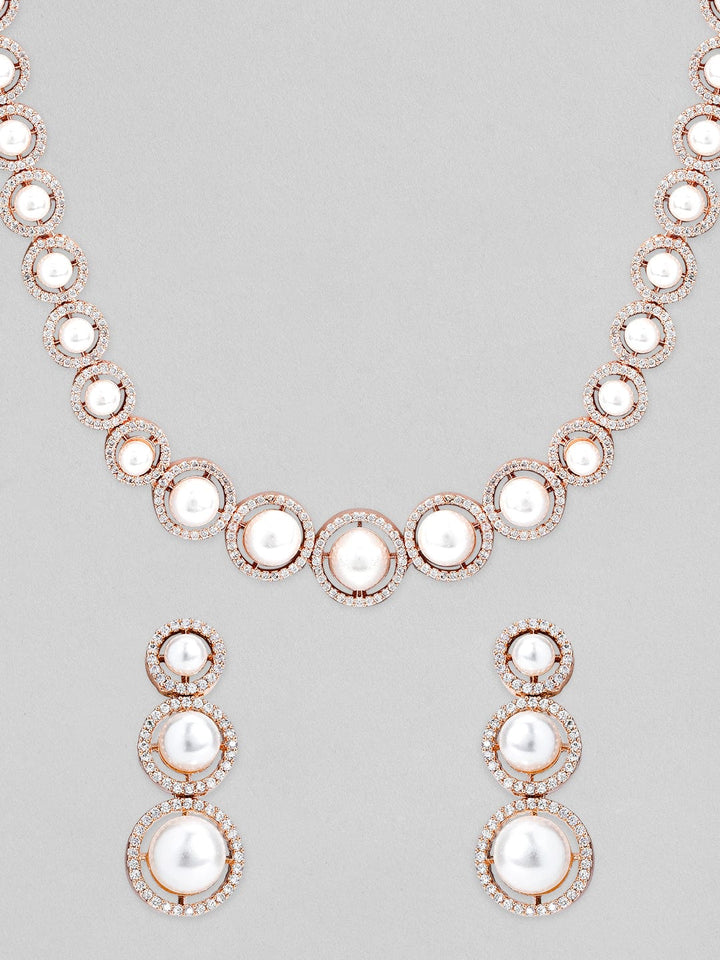 Rubans Rose Gold-Plated & AD Stone-Studded Pearl Jewellery Set Necklace Set