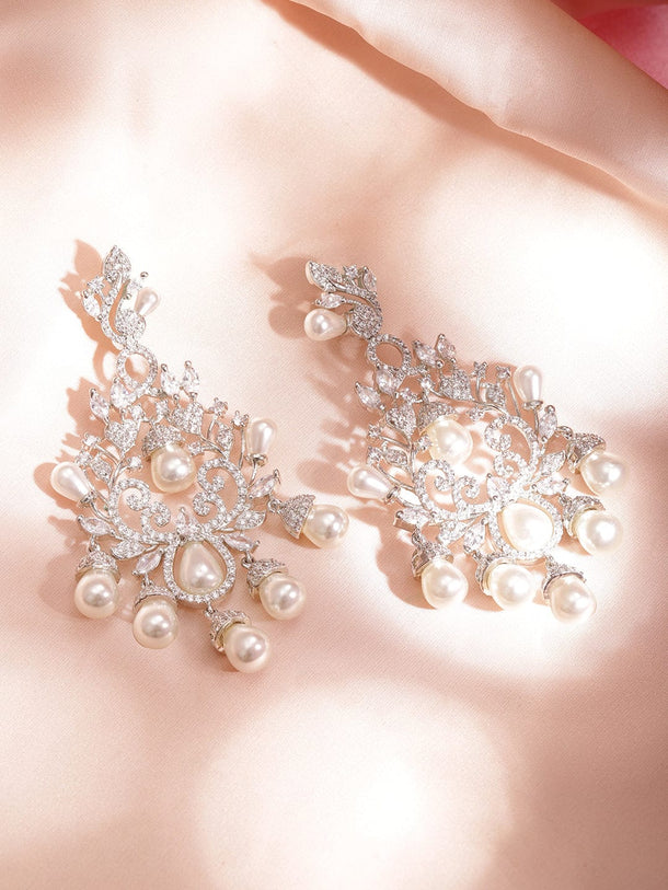 Rubans Rose Gold Plated AD Studded Chandelier Earring with Pearl Drops Earrings