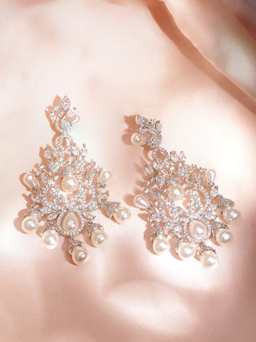 Rubans Rose Gold Plated AD Studded Chandelier Earring with Pearl Drops Earrings