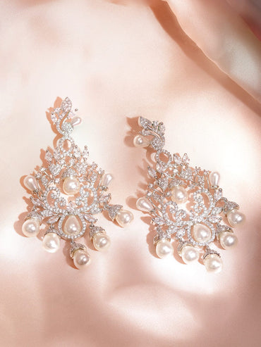 Rubans Rose Gold Plated AD Studded Chandelier Earring with Pearl Drops Earrings