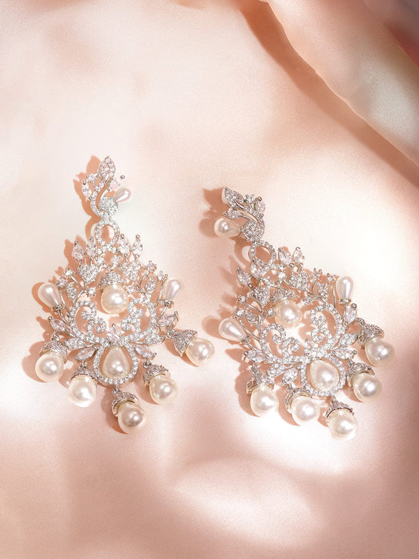 Rubans Rose Gold Plated AD Studded Chandelier Earring with Pearl Drops Earrings