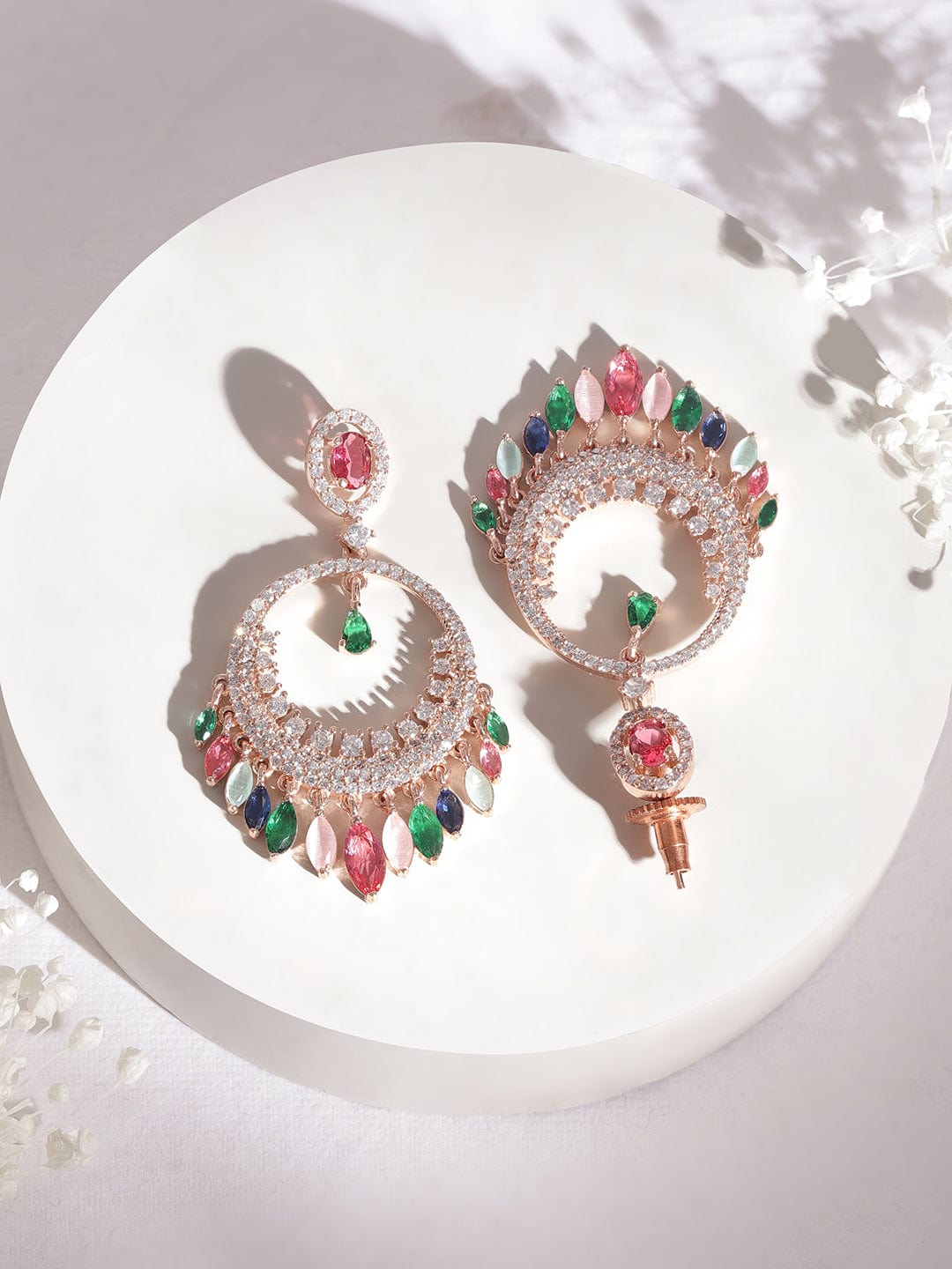 Rubans Rose Gold Plated American Diamond Studded Chandbalis Earrings