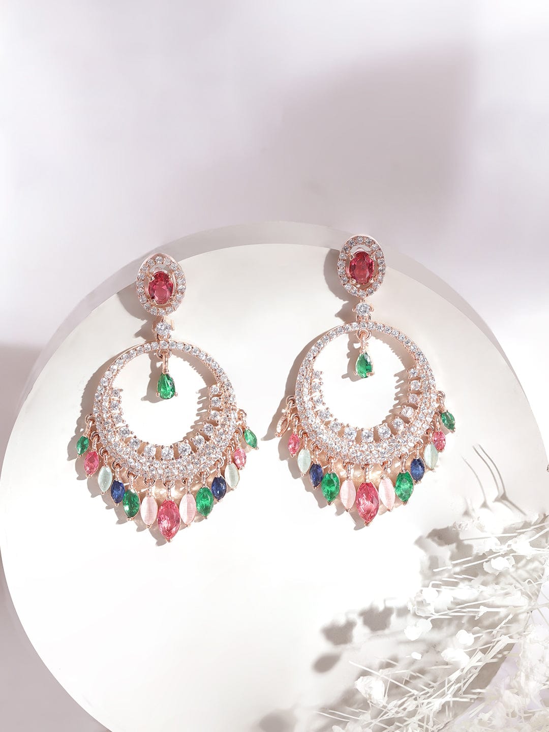 Rubans Rose Gold Plated American Diamond Studded Chandbalis Earrings