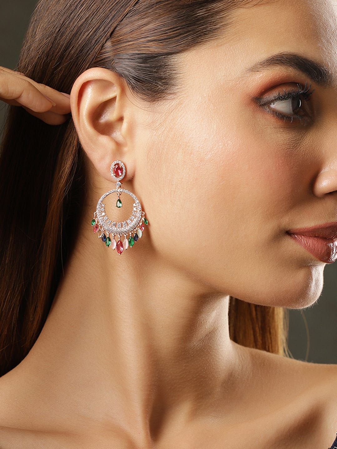 Rubans Rose Gold Plated American Diamond Studded Chandbalis Earrings