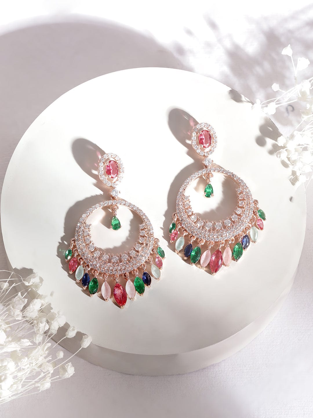 Rubans Rose Gold Plated American Diamond Studded Chandbalis Earrings