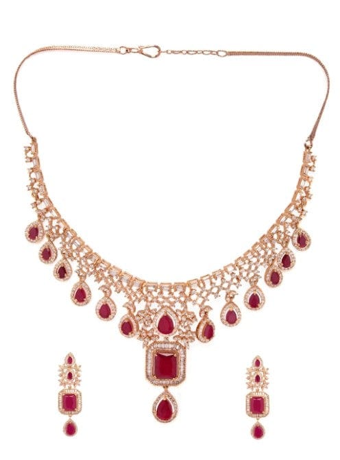 Rubans Rose Gold Plated CZ Studded Emerald Embellished Statement Necklace Set Necklace Set