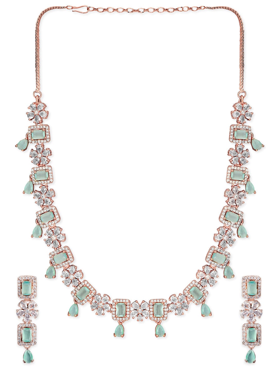 Rose gold American diamond necklace set, Crystal mint green Jewelry