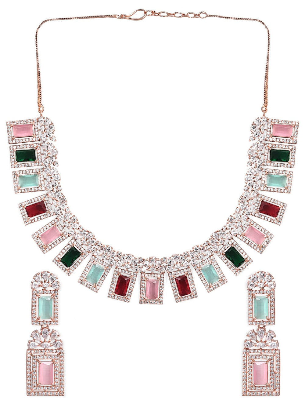 Rubans Rose Gold Plated Multicolour Stone Studded American Diamond Necklace Set. Necklace Set