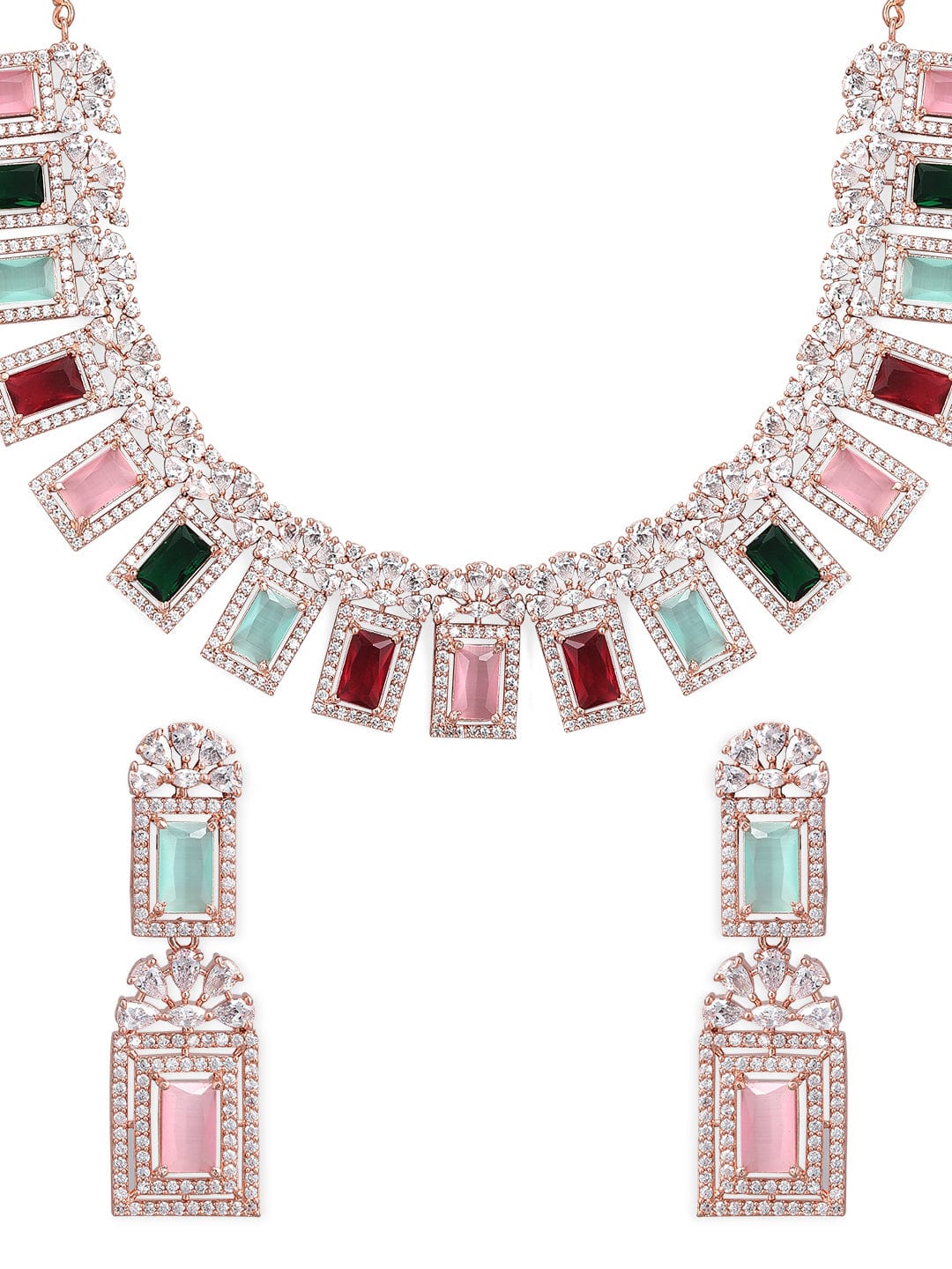 Rubans Rose Gold Plated Multicolour Stone Studded American Diamond Necklace Set. Necklace Set