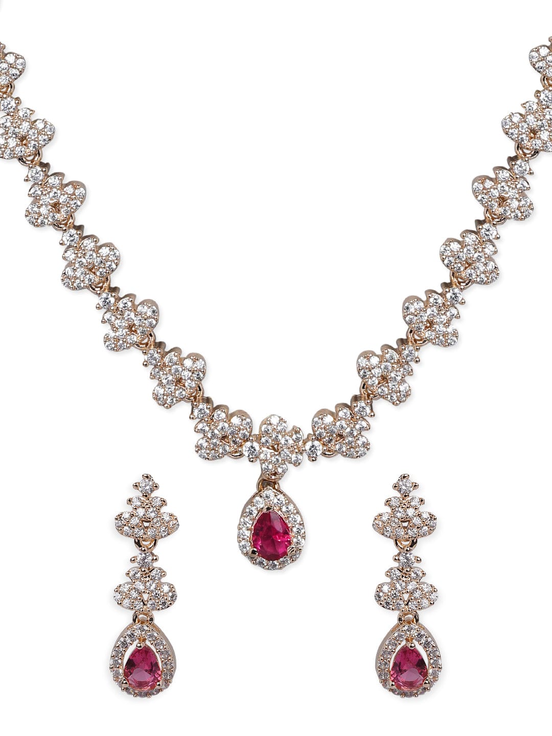 Rubans Rose Gold Plated Necklace Set in CZ and Pink Stones Necklace Set