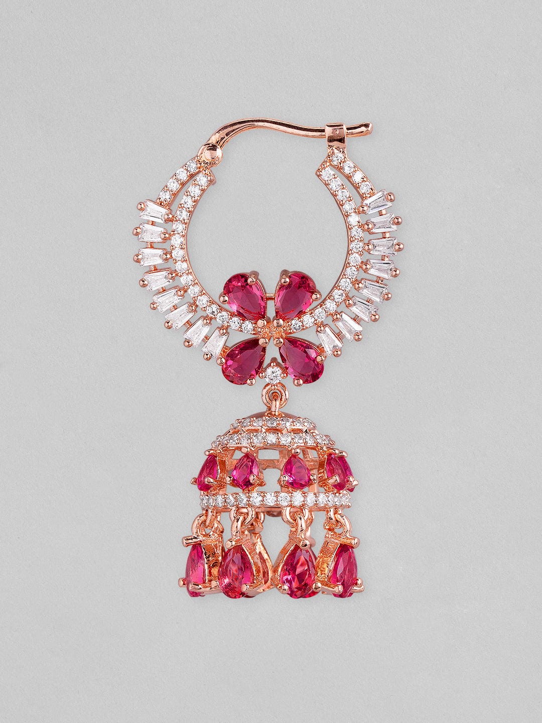 Rubans Rose Gold Plated Pink And White Zirconia Stone Studded Jhumka Earrings. Earrings