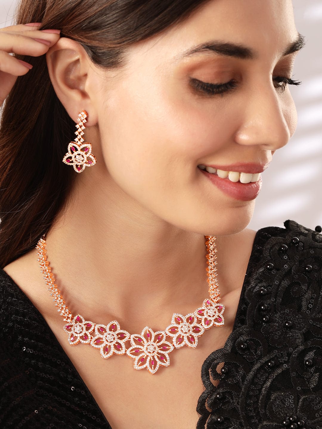 Rubans Rose Gold Plated Pleasing CZ Studded Statement Floral Necklace Set Necklaces, Necklace Sets, Chains & Mangalsutra