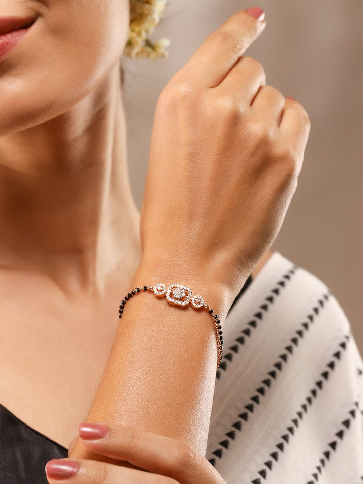 Rubans Rose Gold-Plated White Cubic Zirconia Studded Floral Mangalsutra Bracelet with Black Beads for Women Mangalsutra