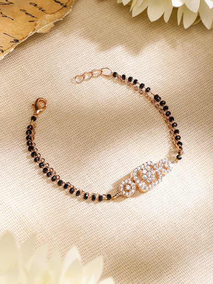 Rubans Rose Gold-Plated White Cubic Zirconia Studded Floral Mangalsutra Bracelet with Black Beads for Women Mangalsutra