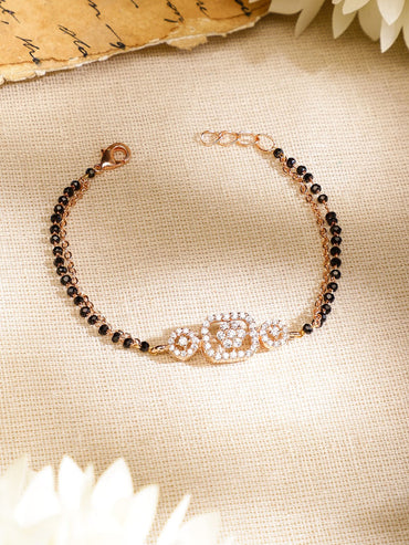 Rubans Rose Gold-Plated White Cubic Zirconia Studded Floral Mangalsutra Bracelet with Black Beads for Women Mangalsutra